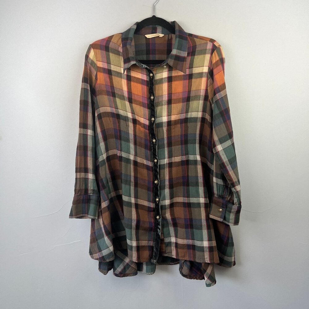 Soft Surroundings Plaid Button‎ Front Flared Swing Tunic Top Size PL Western
